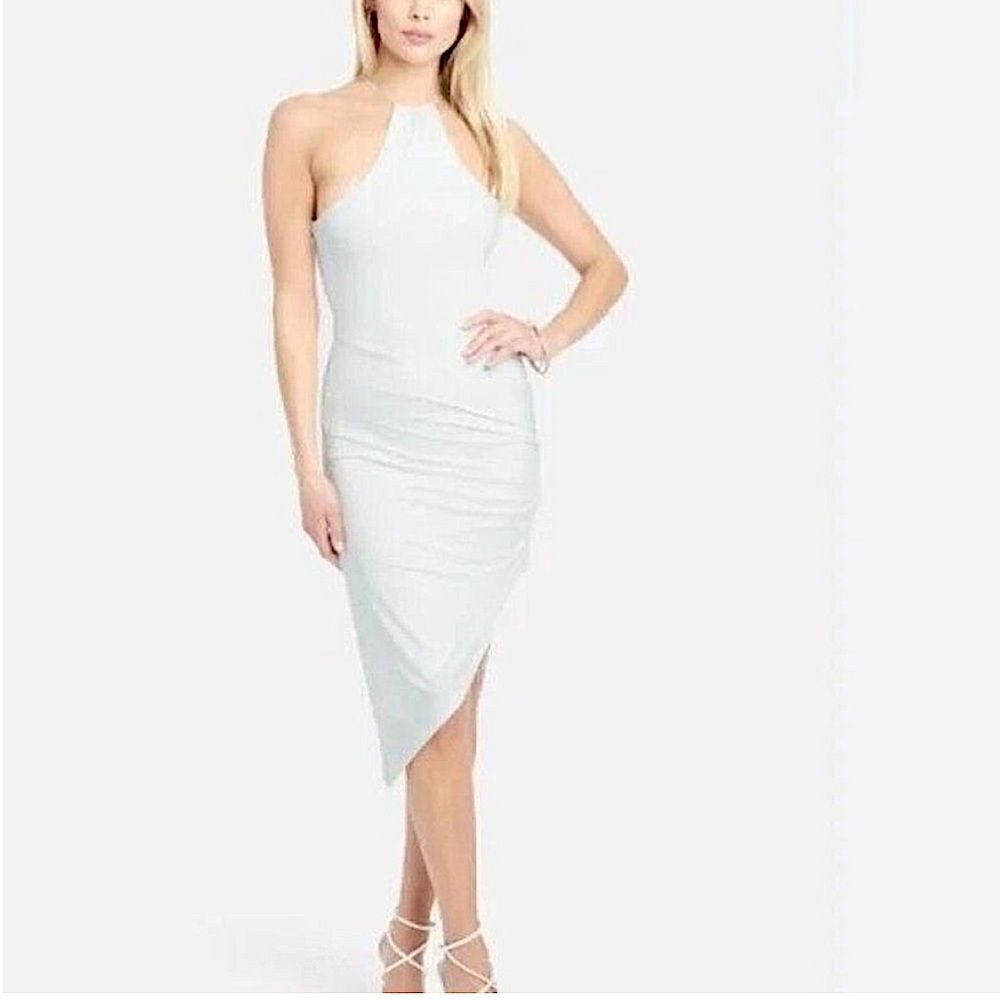 Bebe White Asymmetrical Hem Gathered Dress Halter Neck Bodycon Women’s Size S
